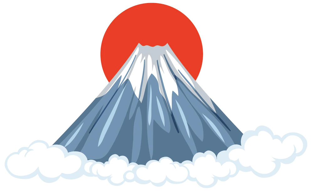 mount fuji with red sun cartoon style isolated white